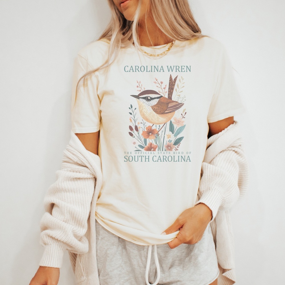 Carolina Wren Botanical Graphic Tee Natural Watercolor Bird Art